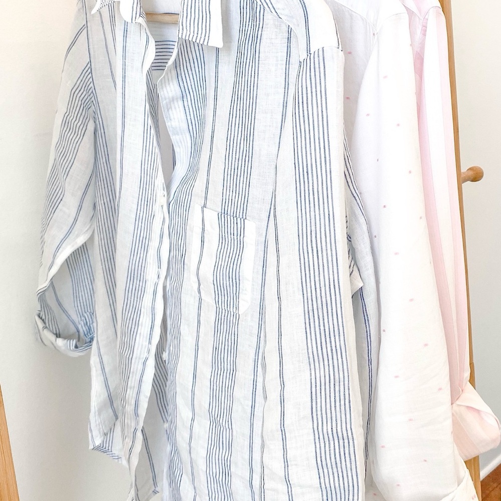 Grayson The Hero 100% Linen Striped Shirt White Blue Button Down